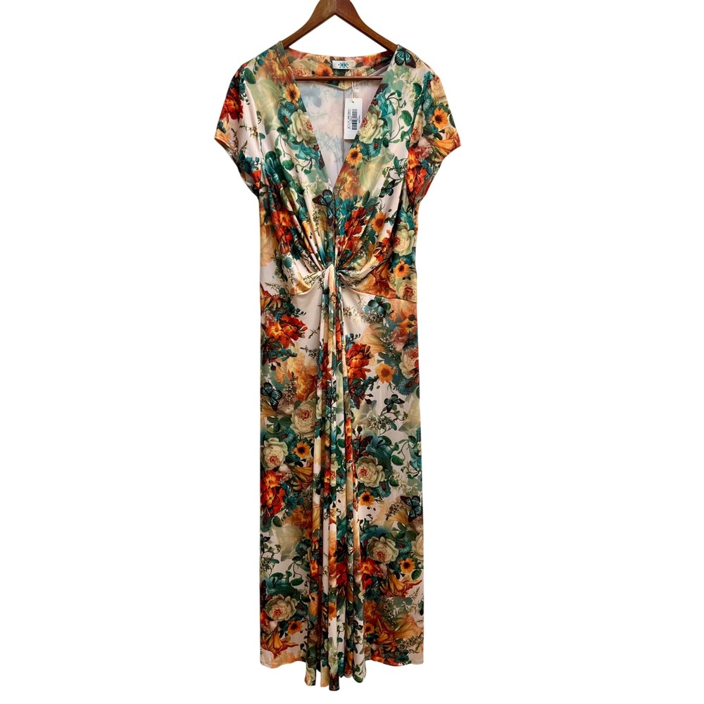 KOH KOH Womens 2X Floral Butterfly Twist Front V-Neck Maxi Dress Multicolor NWT - Picture 2 of 8